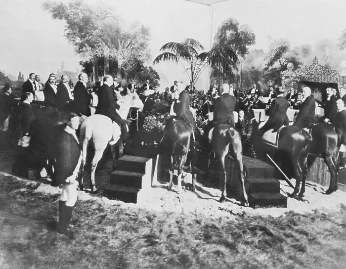 Framed Print : Men on Horseback Arriving for Dinner