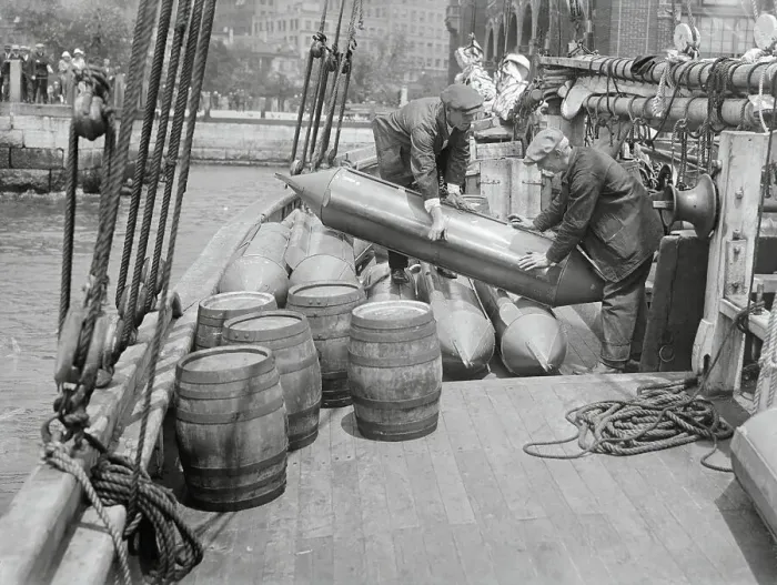 Framed Print : Men Inspecting Bootlegging Torpedoes Framed Print : Men Inspecting Bootlegging Torpedoes