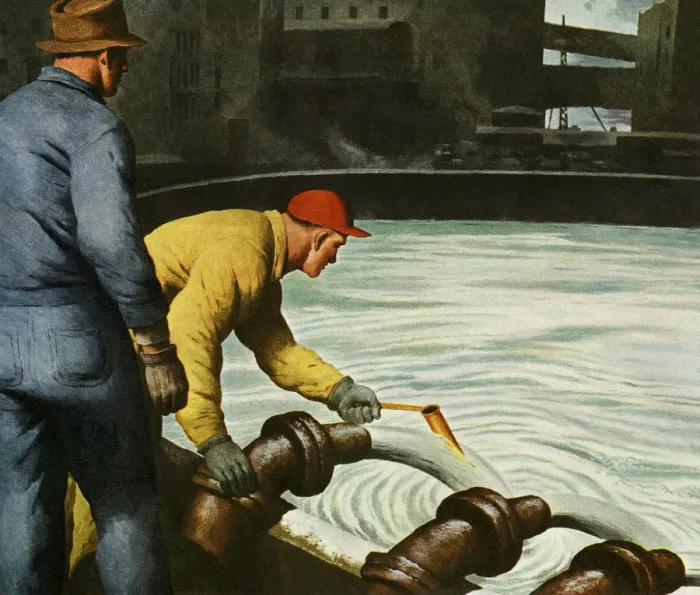 Framed Print : Two Men by a Large Holding Tank of Water Framed Print : Two Men by a Large Holding Tank of Water