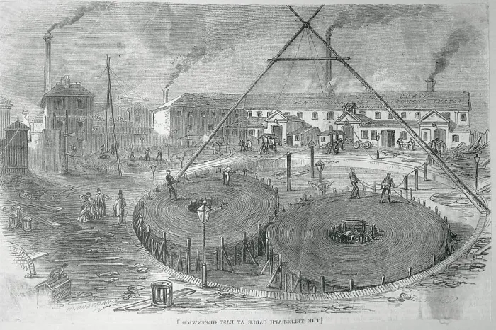 Framed Print : Men Laying Coil of Telegraph Cable on the Street Framed Print : Men Laying Coil of Telegraph Cable on the Street