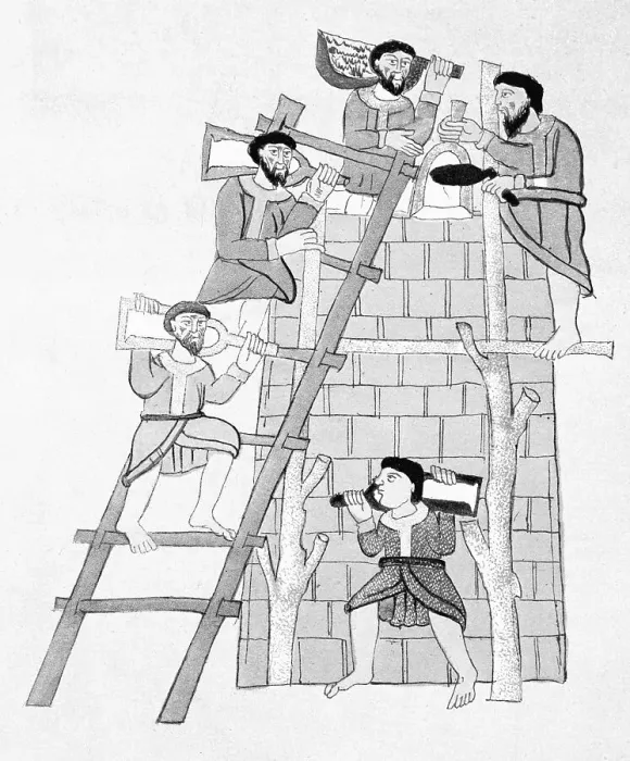 Framed Print : Men on and near Ladder While Constructing a Tower Framed Print : Men on and near Ladder While Constructing a Tower