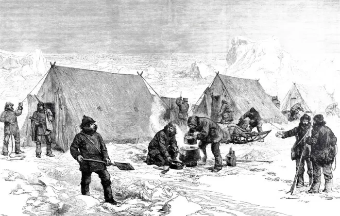 Framed Print : Men of a North Pole expedition cooking outside of the tents Framed Print : Men of a North Pole expedition cooking outside of the tents