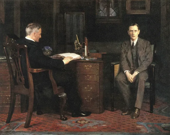 Framed Print : Two men are in an office, one sitting at a desk and the other on a chair, engrossed in a conversation Framed Print : Two men are in an office, one sitting at a desk and the other on a chair, engrossed in a conversation