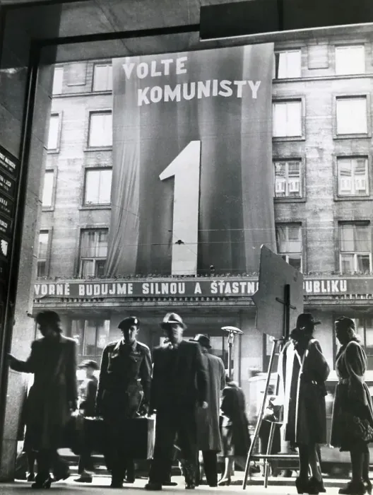 Framed Print : Men Outside Banner Displayed Communist Headquarters Building Framed Print : Men Outside Banner Displayed Communist Headquarters Building