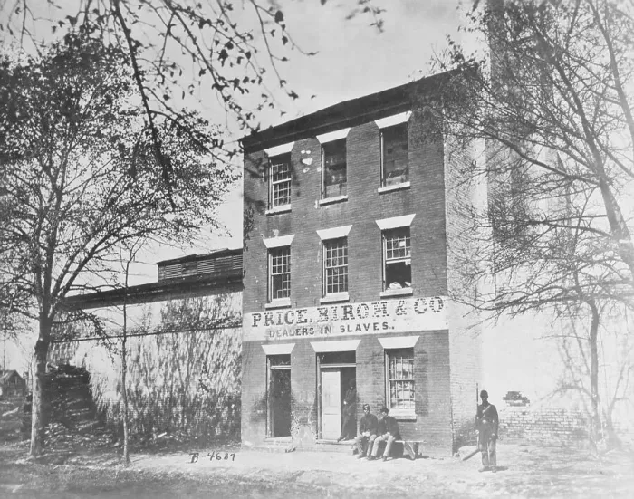 Framed Print : Men Outside Exterior of Civil War Slave Holding Station Framed Print : Men Outside Exterior of Civil War Slave Holding Station