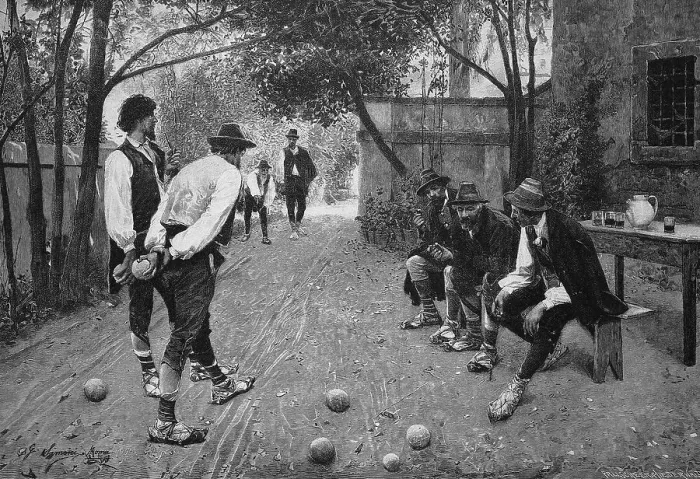 Framed Print : Men playing Boccia, Boccia game, France, c. 1898, Historic, digital reproduction of an original 19th-century artwork, original date unknown Framed Print : Men playing Boccia, Boccia game, France, c. 1898, Historic, digital reproduction of an original 19th-century artwork, original date unknown