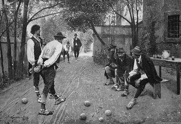 Men playing Boccia, Boccia game, France, c. 1898, Historic, digital reproduction of an original 19th-century artwork, original date unknown