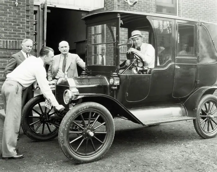 Framed Print : Men Posing with Early Ford Automobile Framed Print : Men Posing with Early Ford Automobile