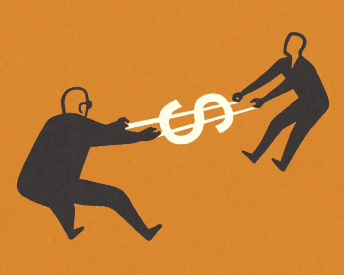 Framed Print : Two Men Pulling on a Dollar Sign Framed Print : Two Men Pulling on a Dollar Sign