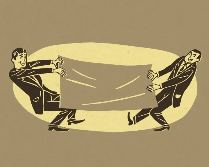 Framed Print : Two Men Pulling on Large Piece of Paper Framed Print : Two Men Pulling on Large Piece of Paper
