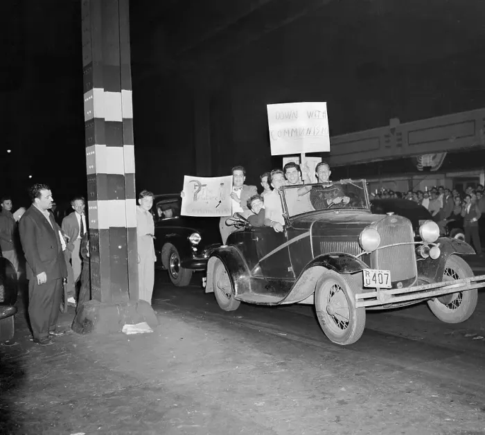 Framed Print : Men Riding in Jalopy Displaying Placards Framed Print : Men Riding in Jalopy Displaying Placards