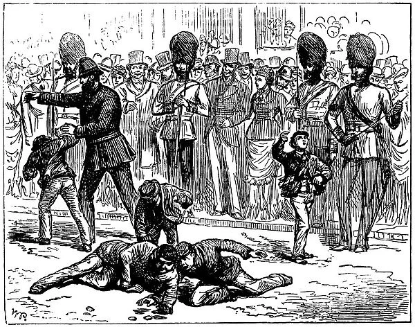 Men scrambling for pence in street, 1876, Illustrated London News