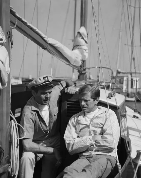 Framed Print : Two men sitting in boat, smiling Framed Print : Two men sitting in boat, smiling
