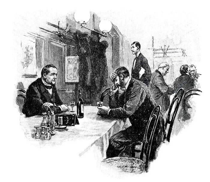 Framed Print : Two men sitting in restaurant, having discussion