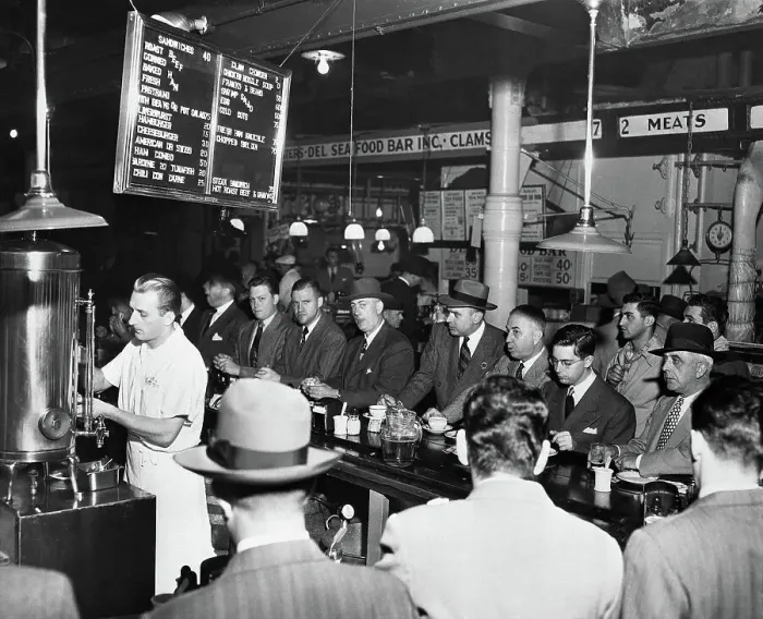 Framed Print : Men Standing and Eating in Standing Eatery Framed Print : Men Standing and Eating in Standing Eatery
