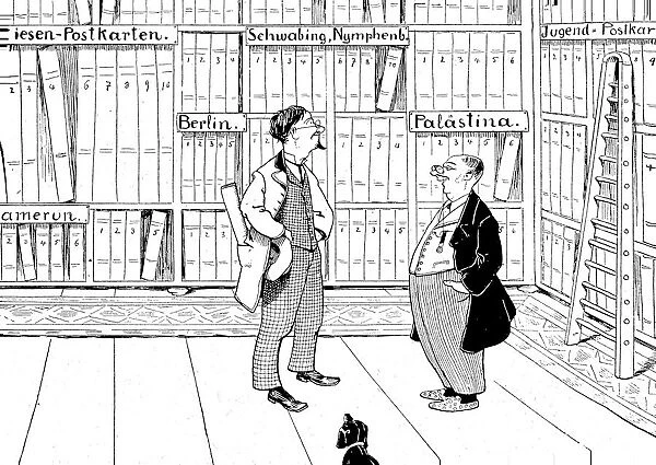 Two men standing in front of the shelves of a book and maps store