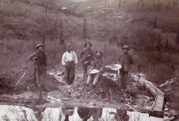 Framed Print : Men Beside Stream Ready To Pan For Gold Framed Print : Men Beside Stream Ready To Pan For Gold