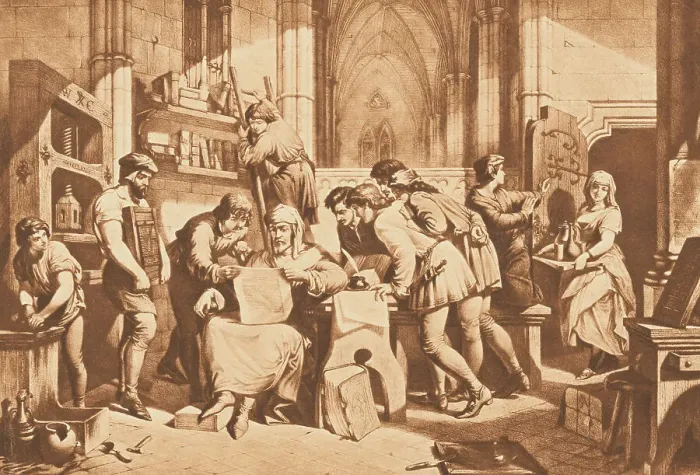 Framed Print : Men Surrounding William Caxton After Printing