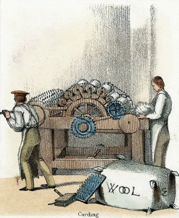 Framed Print : Men Using Wool Carding Machine