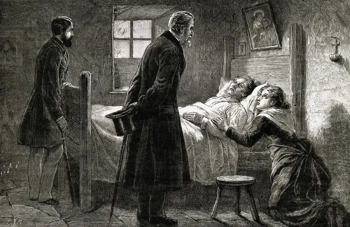 Framed Print : Men Visiting Sick Woman Framed Print : Men Visiting Sick Woman