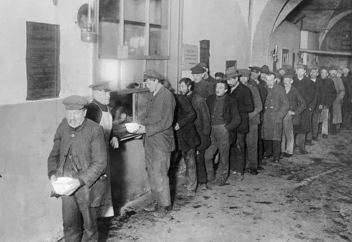 Framed Print : Men Waiting and Being Served in Soup Line Framed Print : Men Waiting and Being Served in Soup Line