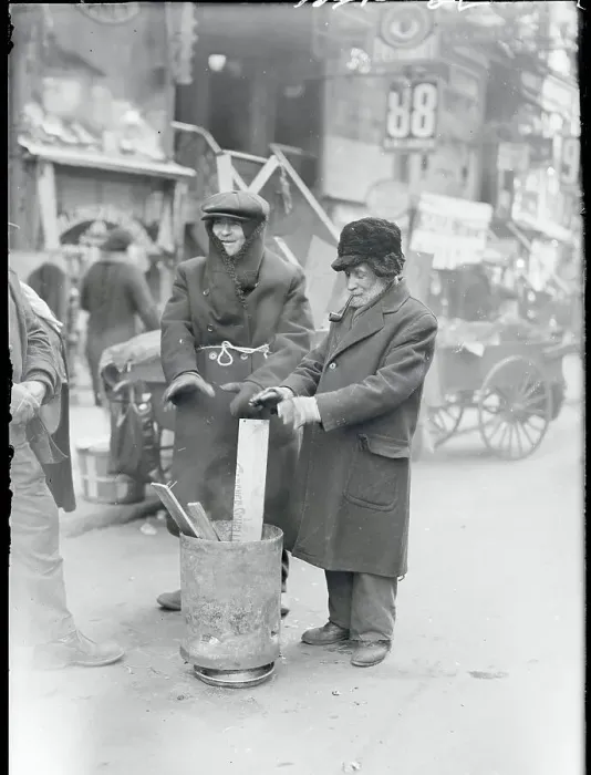 Framed Print : Men Warming Hands over Brazier