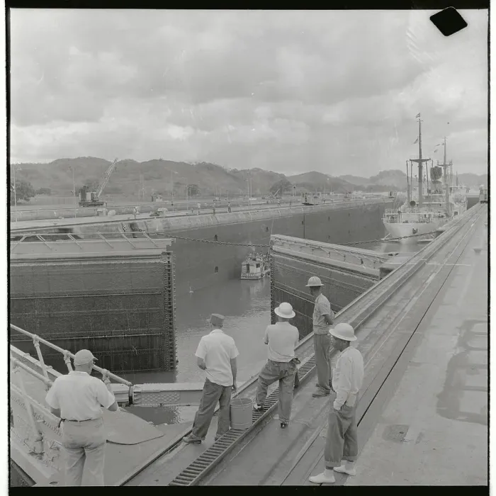 Framed Print : Men Watching Ships Entering Canal Lock Framed Print : Men Watching Ships Entering Canal Lock