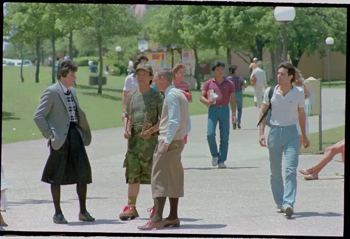 Framed Print : Men Wearing Skirts on College Campus Framed Print : Men Wearing Skirts on College Campus