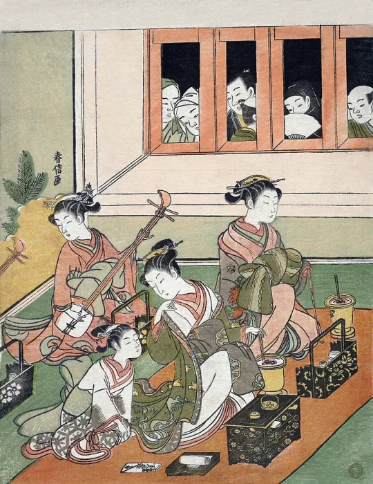 Framed Print : Men in window watch over picnicking girls Framed Print : Men in window watch over picnicking girls