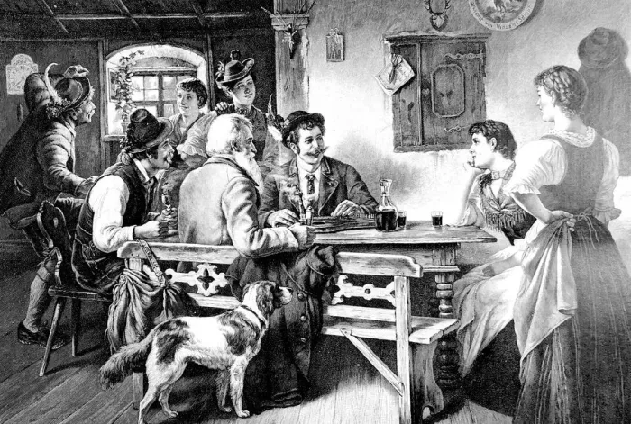 Framed Print : Men and women chat at the regulars table in a restaurant Framed Print : Men and women chat at the regulars table in a restaurant