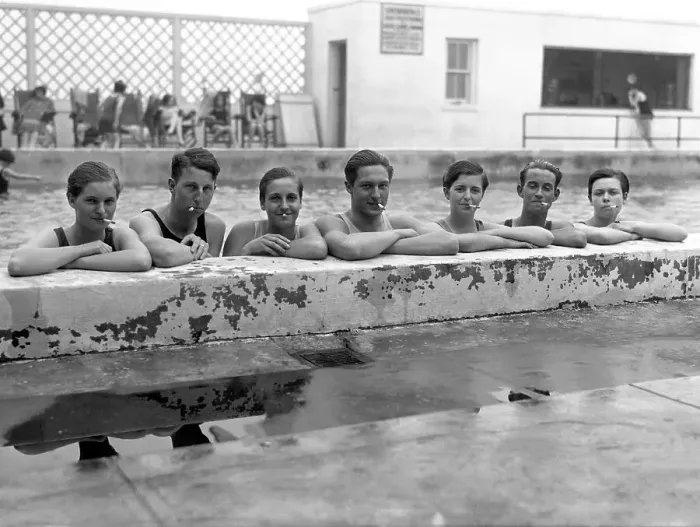 Framed Print : Three Men, Four Women In Pool, Smoking Framed Print : Three Men, Four Women In Pool, Smoking