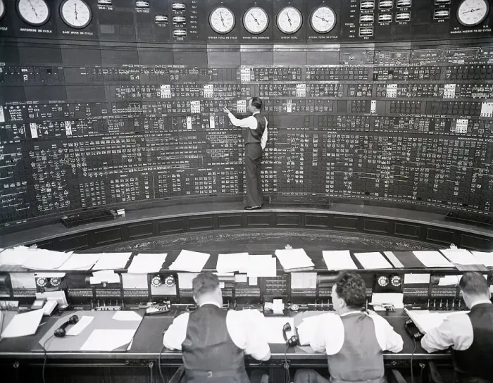 Framed Print : Men Work at Control Board at Electric Company Framed Print : Men Work at Control Board at Electric Company