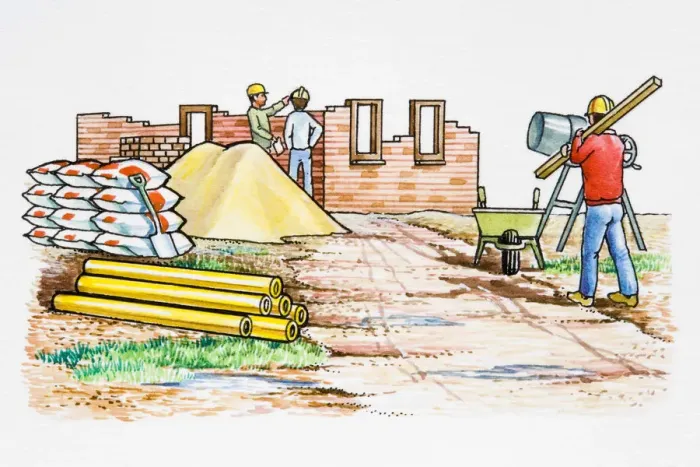 Framed Print : Three men working on building site