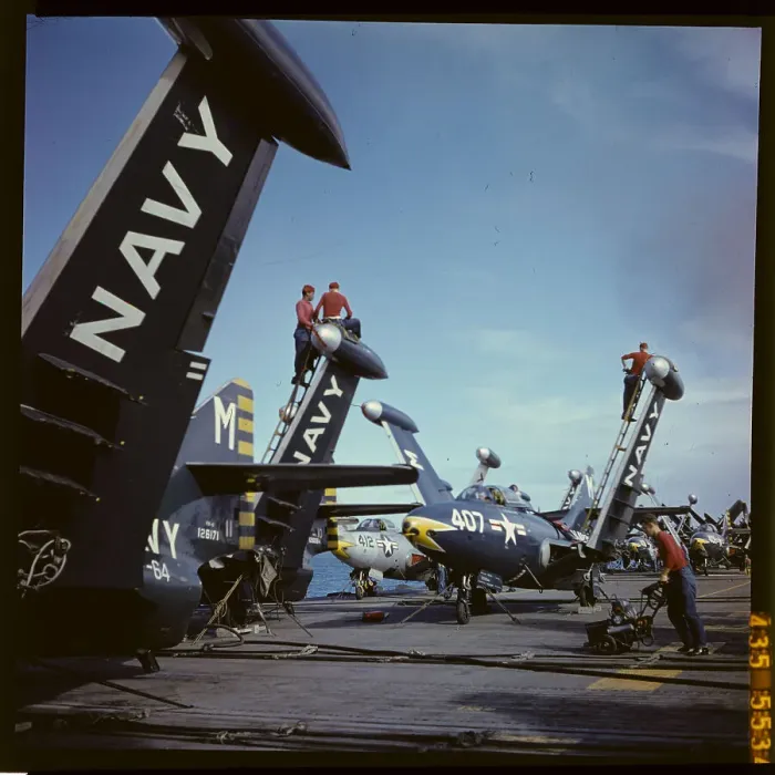 Framed Print : Men Working on U.S. Aircraft Carrier Patrolling in Formosa Straits Framed Print : Men Working on U.S. Aircraft Carrier Patrolling in Formosa Straits