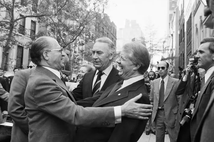 Framed Print : Menachem Begin and Jimmy Carter Embracing Framed Print : Menachem Begin and Jimmy Carter Embracing