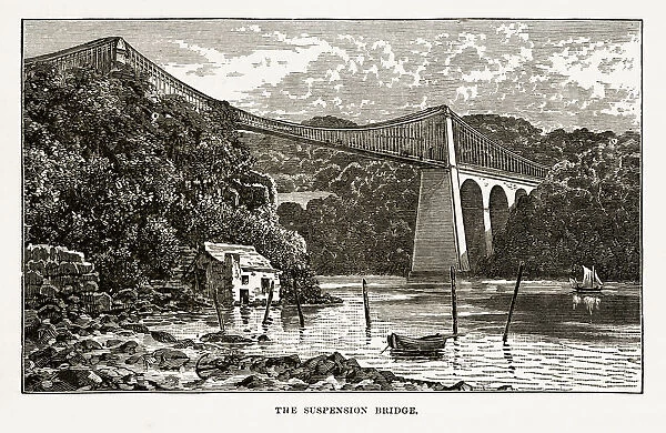 Menai Suspension Bridge in Anglesey, Wales Victorian Engraving, 1840