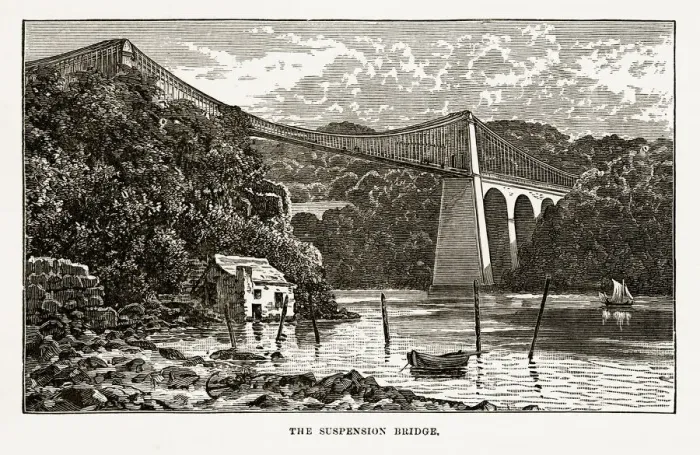 Framed Print : Menai Suspension Bridge in Anglesey, Wales Victorian Engraving, 1840 Framed Print : Menai Suspension Bridge in Anglesey, Wales Victorian Engraving, 1840