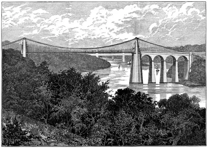 Framed Print : Menai Suspension Bridge in Bangor, Wales - 19th Century Framed Print : Menai Suspension Bridge in Bangor, Wales - 19th Century