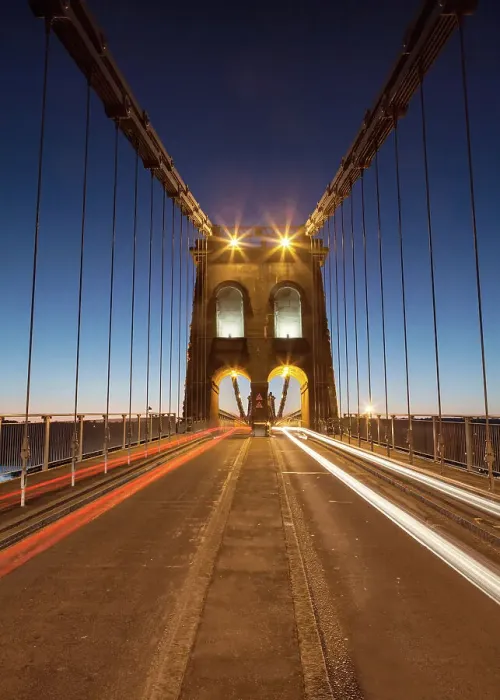 Framed Print : Menai Suspension Bridge with traffic streaks Framed Print : Menai Suspension Bridge with traffic streaks