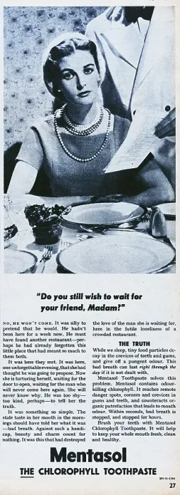 Framed Print : Mentasol. 1956: Advertisement for Mentasol chlorophyll toothpaste showing Framed Print : Mentasol. 1956: Advertisement for Mentasol chlorophyll toothpaste showing
