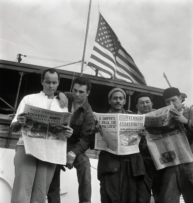 Framed Print : Merchant Seamen Reading Newspaper on Kennedy Assassination Framed Print : Merchant Seamen Reading Newspaper on Kennedy Assassination