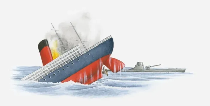 Framed Print : Merchant ship sinking after being torpedoed by German submarine during World War One