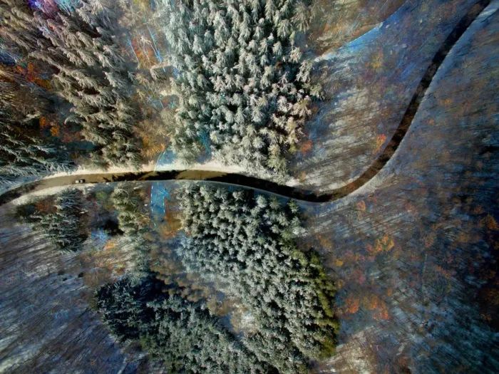 Framed Print : Merging two pictures in one picture creating glitch surreal view of drone point of view landscape
