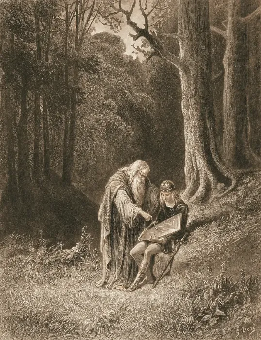 Framed Print : Merlin Paints The Young Knight's Shield By Gustave Dore Framed Print : Merlin Paints The Young Knight's Shield By Gustave Dore