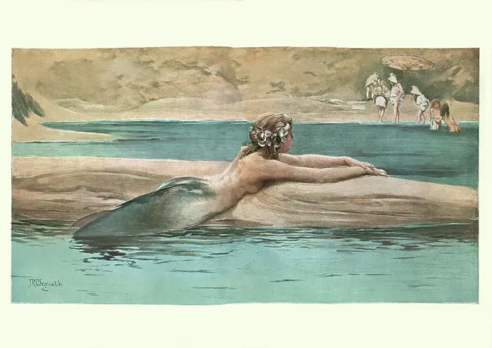 Framed Print : Mermaid watching children play on the beach, 19th Century Framed Print : Mermaid watching children play on the beach, 19th Century