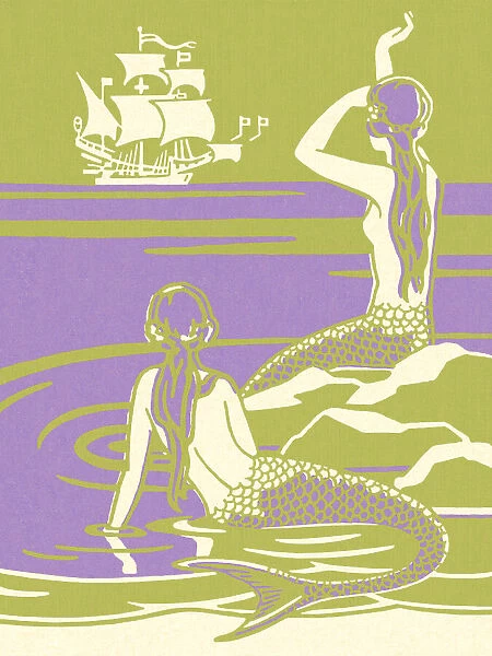 Two Mermaids Looking at a Pirate Ship