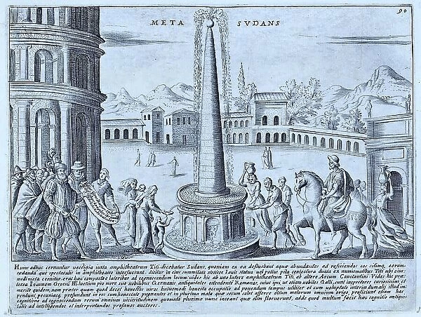 The Meta Sudans was a large fountain that stood near the Colosseum, historic Rome, Italy, digital reproduction of an original 17th century design, original date unknown