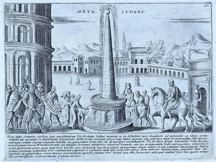 Framed Print : The Meta Sudans was a large fountain that stood near the Colosseum, historic Rome, Italy, digital reproduction of an original 17th century design, original date unknown