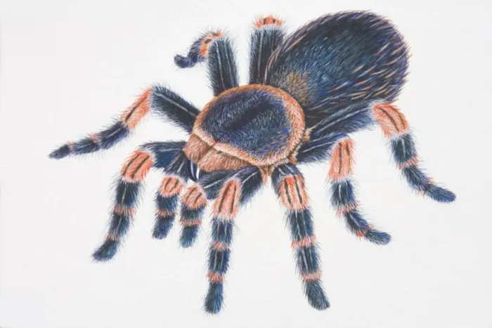 Framed Print : Mexican Red-kneed Tarantula (Brachypelma smithi), hairy black spider with red markings on legs, high angle view Framed Print : Mexican Red-kneed Tarantula (Brachypelma smithi), hairy black spider with red markings on legs, high angle view