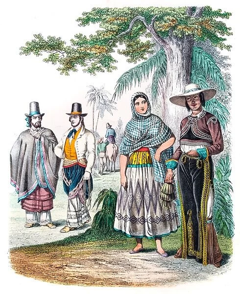 Mexicans in traditional clothes engraving 1853